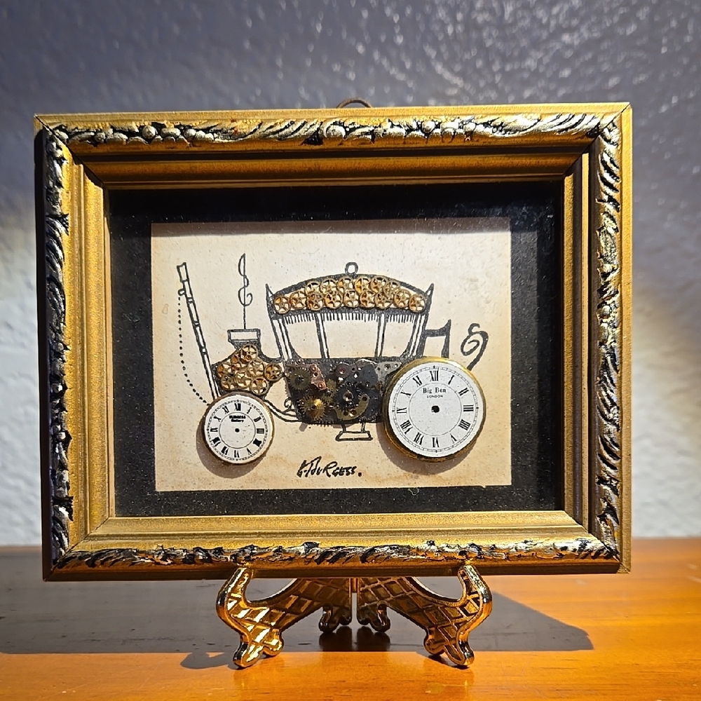 Vintage G. Burgess Carriage Clock Art in Gold Frame 4.75"X3.75"